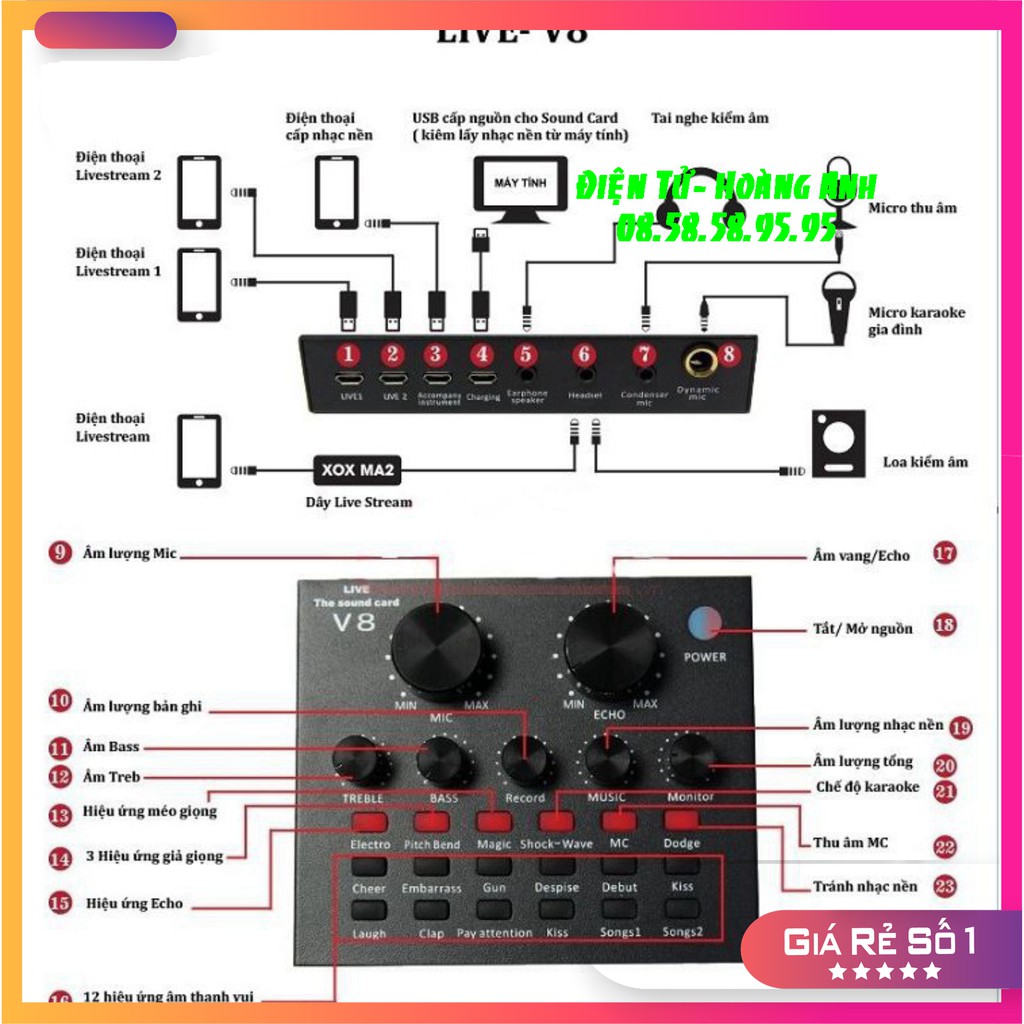 [Mã ELHACE giảm 4% đơn 300K] ComBo Đủ Bộ Sound car V8 - Mic BM 900 - Giá Kẹp - Màng lọc - Tặng Tai Nghe Kiểm Âm 2020