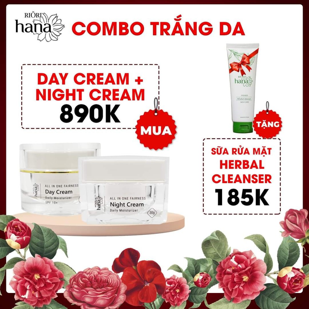 [CÓ QUÀ TẶNG] Combo Dưỡng Trắng Da Ngày và Đêm RIORI Day Cream 30g &amp; RIORI Night Cream 30g + Tặng Sữa Rửa Mặt Riori 120g