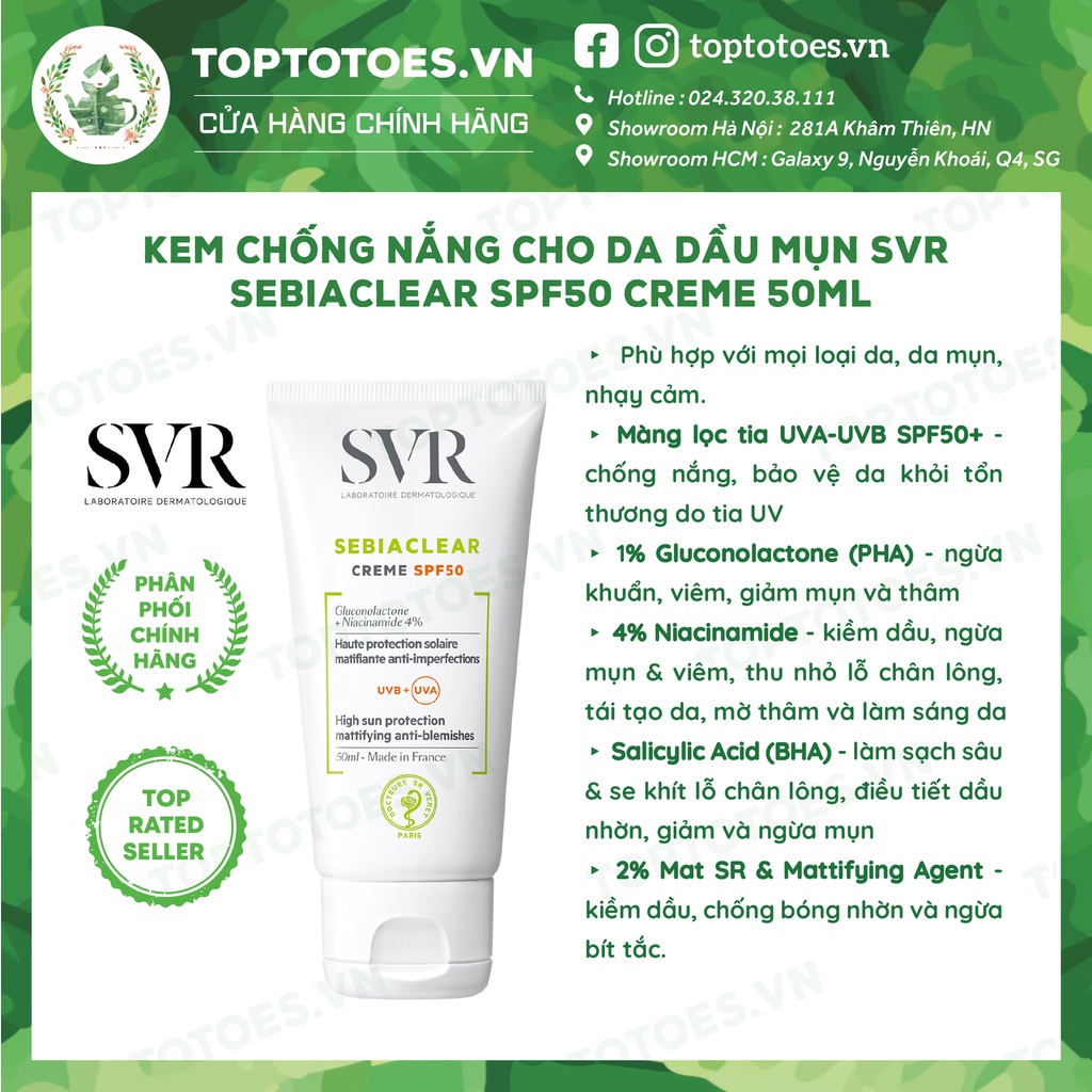 Kem chống nắng cho da dầu mụn SVR Sebiaclear SPF50 Creme 50ml  [NHẬP KHẨU CHÍNH HÃNG 100%]