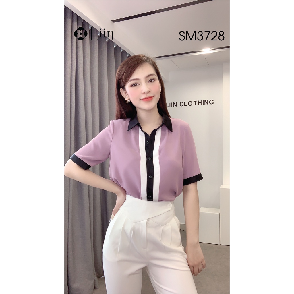 Áo sơ mi màu tím cách điệu Viền Đen Trắng kiểu dáng cộc tay năng động Liin Clothing SM3728
