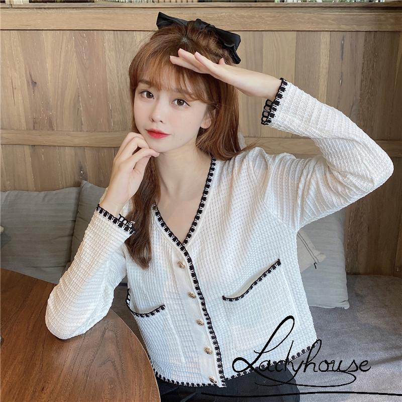 Áo khoác cardigan dệt kim cổ chữ V tay dài dáng rộng phối túi thanh lịch cho nữ