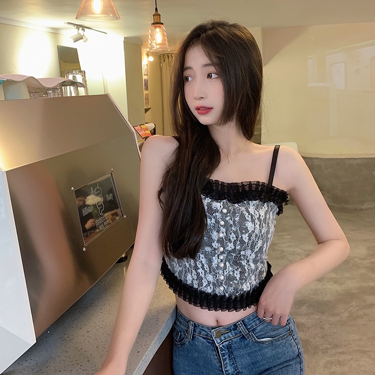 Áo kiểu ZHELIHANGFEI hai dây nhún bèo phối ren phong cách mới quyến rũ thời trang dành cho nữ