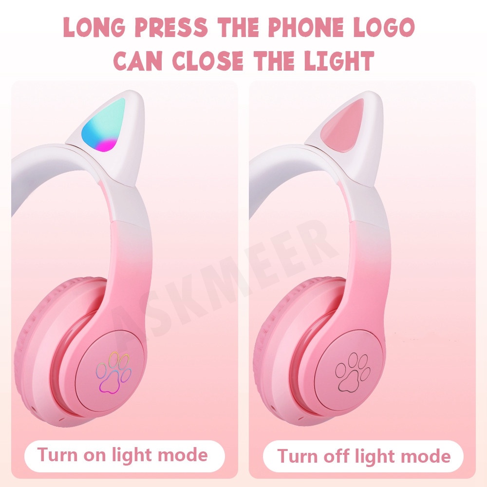 Tai Nghe Chụp Tai Bluetooth Không Dây Âm Thanh Nổi RGB Hình Tai Mèo Màu Gradient Có Mic Cho Bé Gái