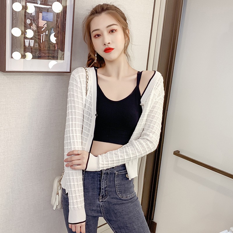 Áo Cadigan Dài Tay Cổ V Dệt Kim Dáng Croptop 2 Màu Đen, Trắng Hàn Quốc | BigBuy360 - bigbuy360.vn