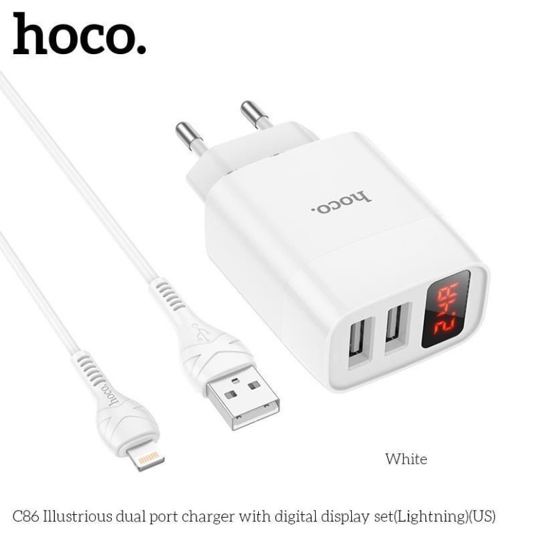Cốc sạc 2 cổng Hoco C86/C86A - MAX 5V-2.4A  - màn hình LCD hiển thị điện áp - Bảo hành 06 tháng