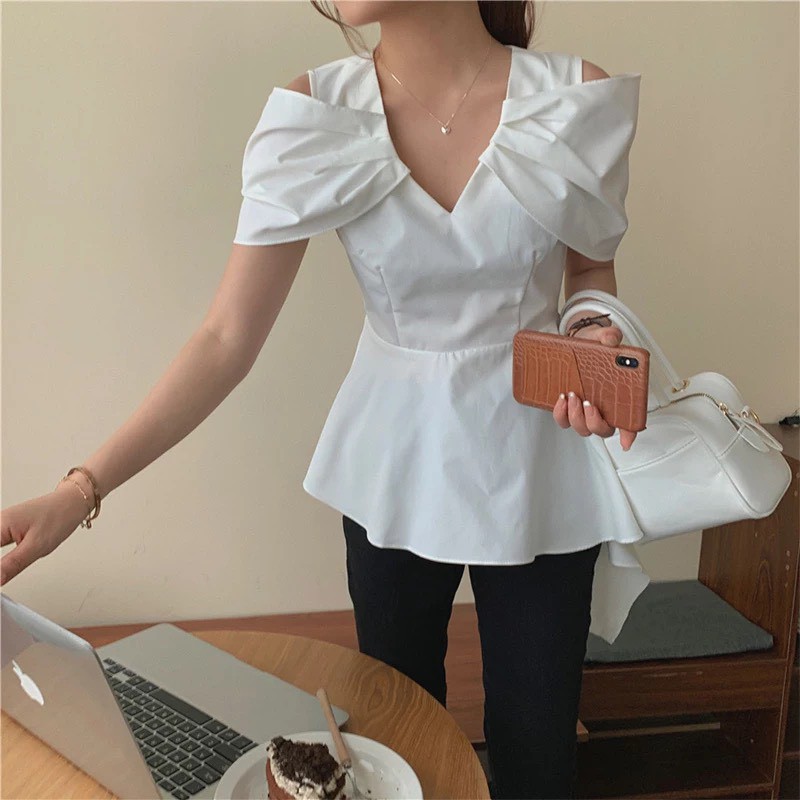 Áo peblum trắng Hở Vai Tay Nhún | BigBuy360 - bigbuy360.vn