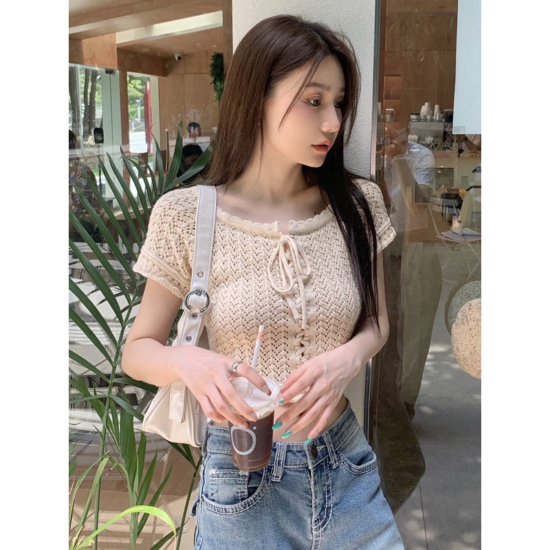 Áo Cardigan Dệt Kim Tay Ngắn Phối Ren Lỗ Thắt Dây Phong Cách Retro Mỹ Thời Trang Mùa Hè Cho Nữ