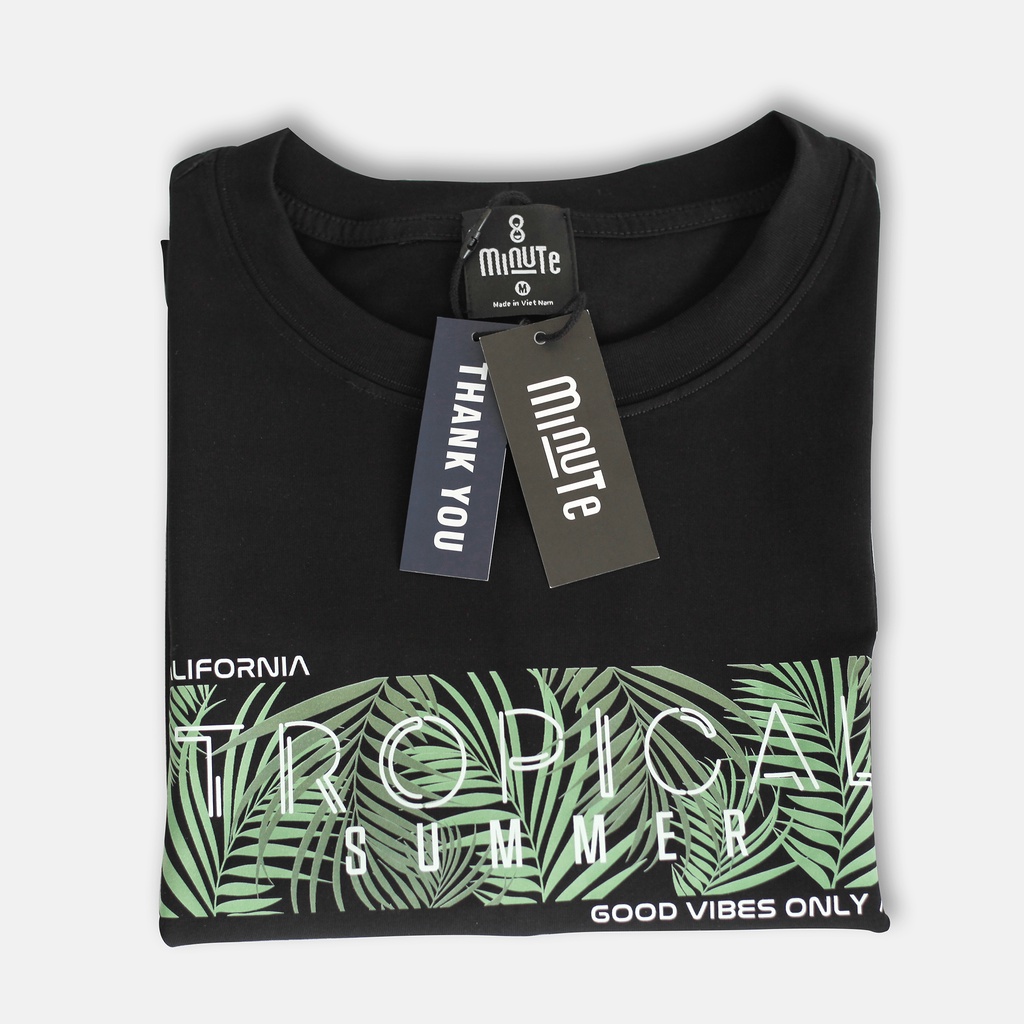 Áo thun nam cổ tròn tay ngắn 100% Cotton co giãn 4 chiều màu đen MINUTE TROPICAL