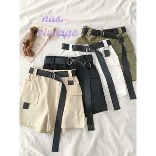 [Sẵn đen]🌿 Quần short kaki ống rộng cạp cao phối túi kèm đai lưng lưng chun ulzzang 🔥