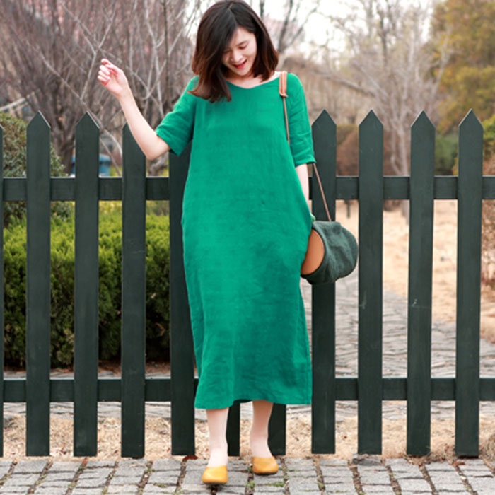 Đầm suông linen 2 cổ tim xanh lá, thời trang hè thu 2022