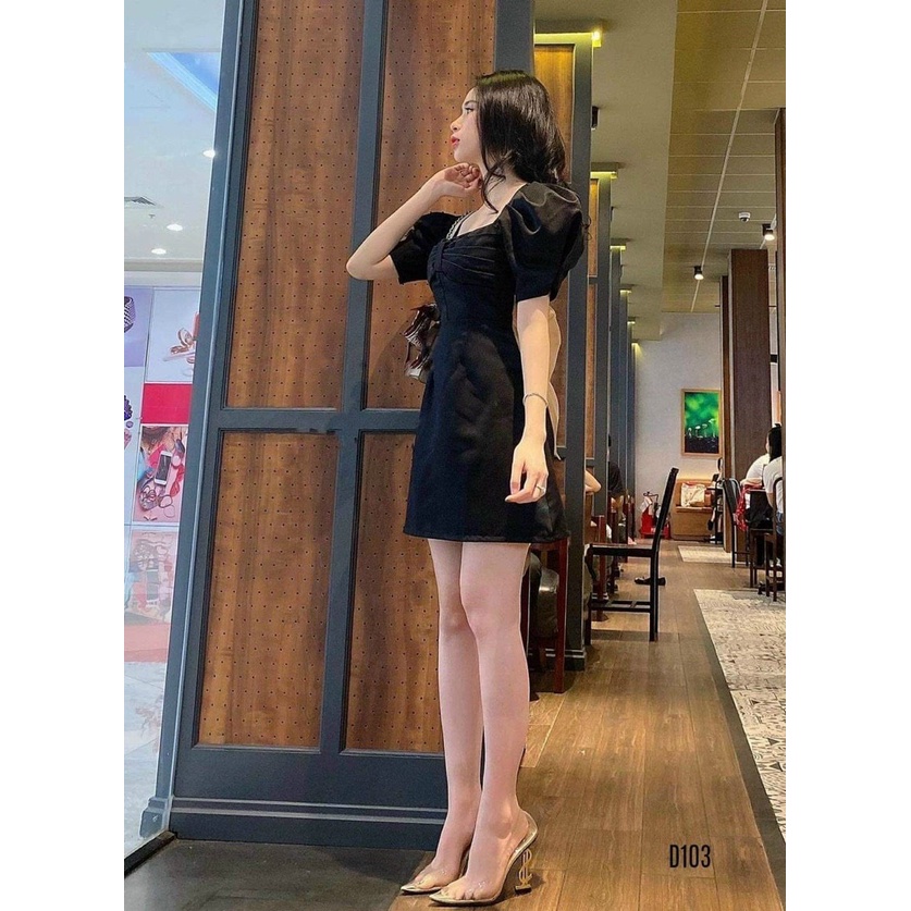 Váy đầm nữ dáng xòe tay phồng kết nơ sau lưng