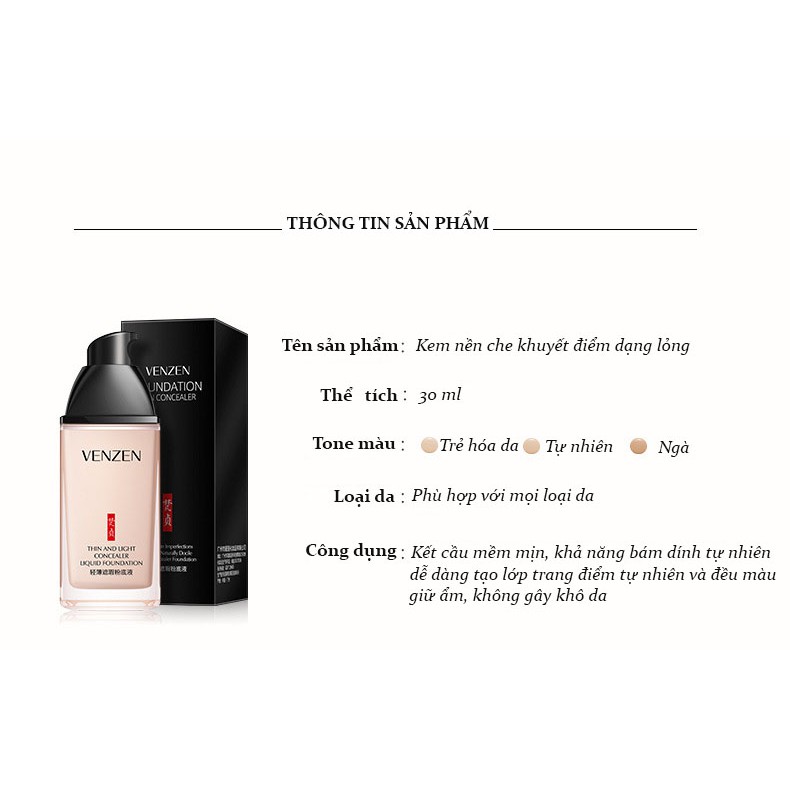 Kem nền Venzen Foundation dạng lỏng tự nhiên, che khuyết điểm kiềm dầu chống nước tặng kèm mút trang điểm XOHIEN 30ml | BigBuy360 - bigbuy360.vn