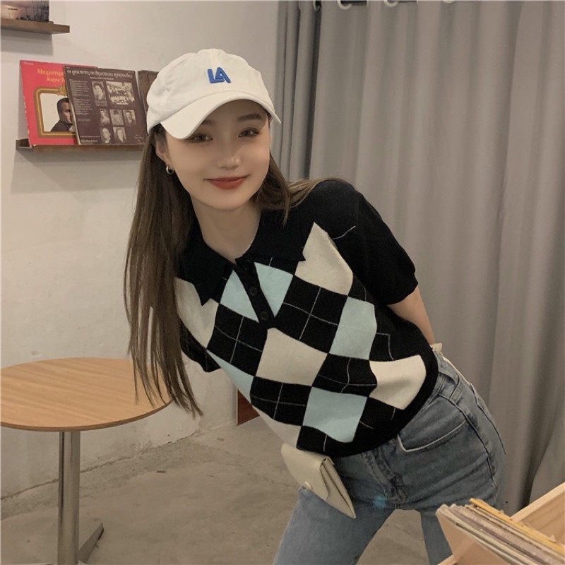 [ SẴN ] Áo polo croptop ô trám ( 2 màu: trắng/ đen ) | BigBuy360 - bigbuy360.vn