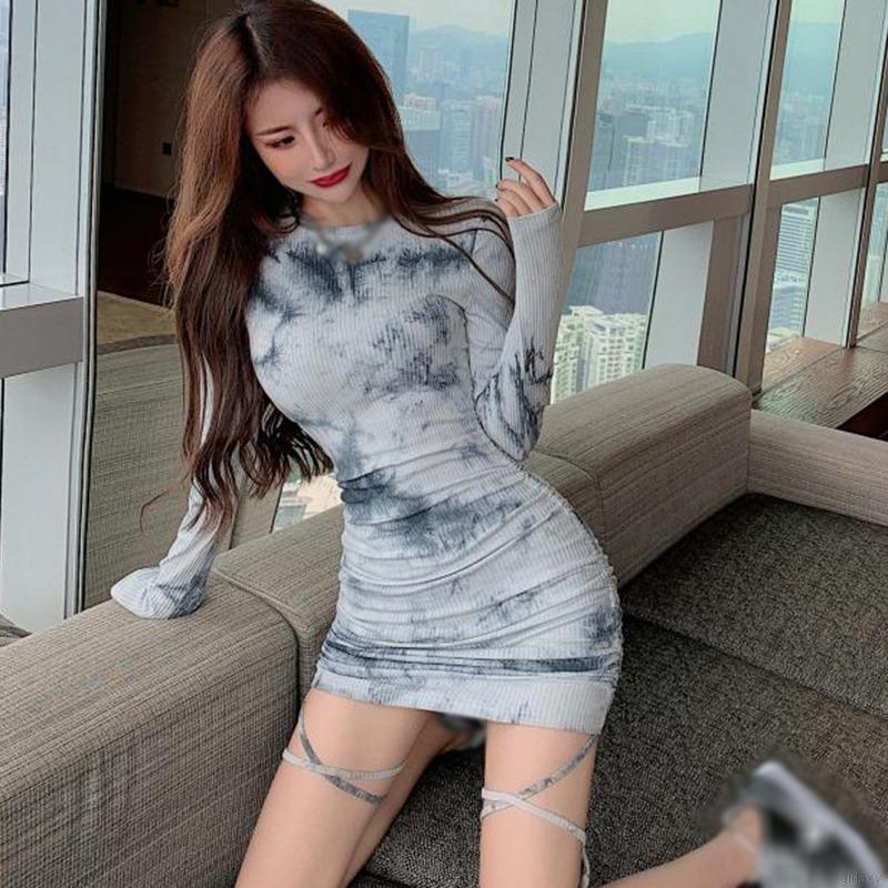 Đầm ôm tay dài cổ trong họa tiết loang màu phong cách Hàn Quốc gợi cảm cho nữ | BigBuy360 - bigbuy360.vn