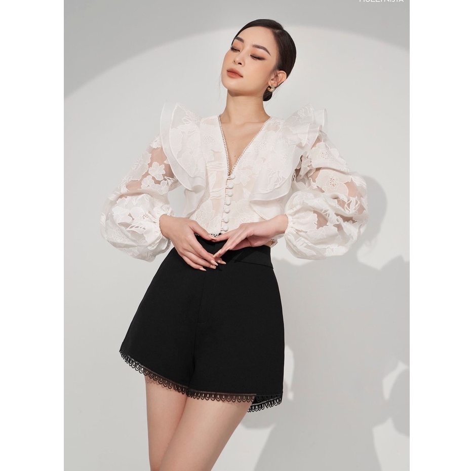 MOLLYNISTA - Áo Maria trắng ren hoa cổ bèo tay phồng quyến rũ nữ tính thiết kế cao cấp đi chơi đi tiệc gợi cảm