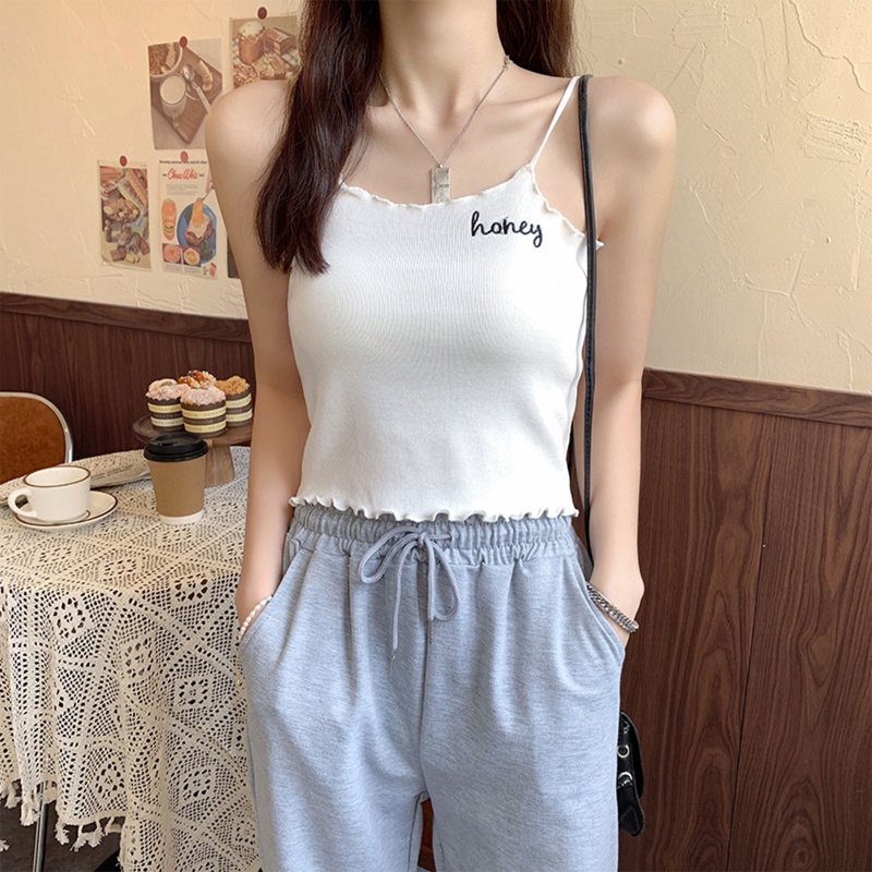 Xiangbao Áo Croptop Dệt Kim Hai Dây Ôm Dáng Thêu Chữ Phong Cách Pháp Mùa Hè Cho Nữ