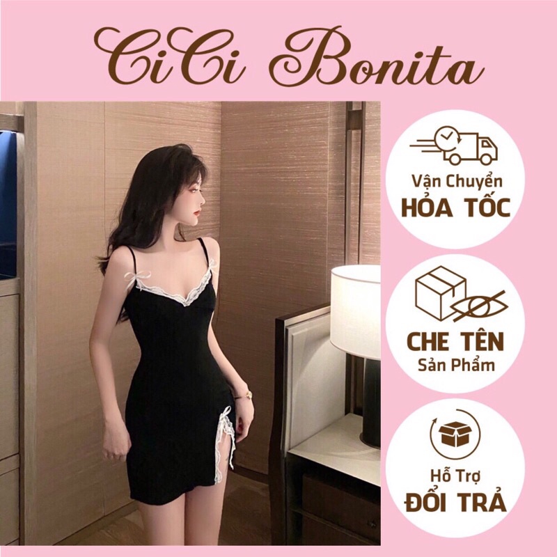( BIGSIZE) Váy / Đầm ngủ xẻ tà phối ren nơ (không đệm mút ngực) đỏ đen CICI BONITA C147 | BigBuy360 - bigbuy360.vn
