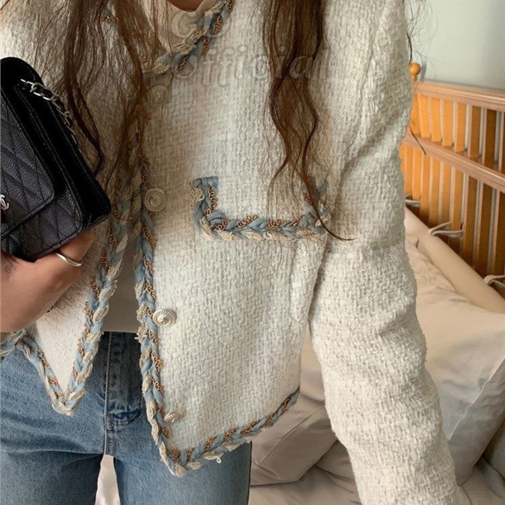 K5|Áo khoác dạ ấm cổ tròn croptop dáng rộng thẳng có túi nữ tay dài chất tweed sang trọng màu trắng GD Official