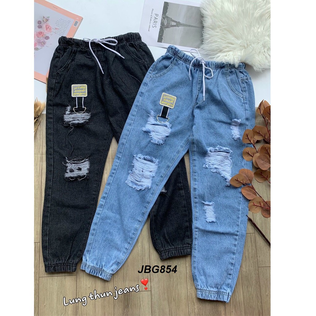 Quần jean baggy lưng thun rách JBG854