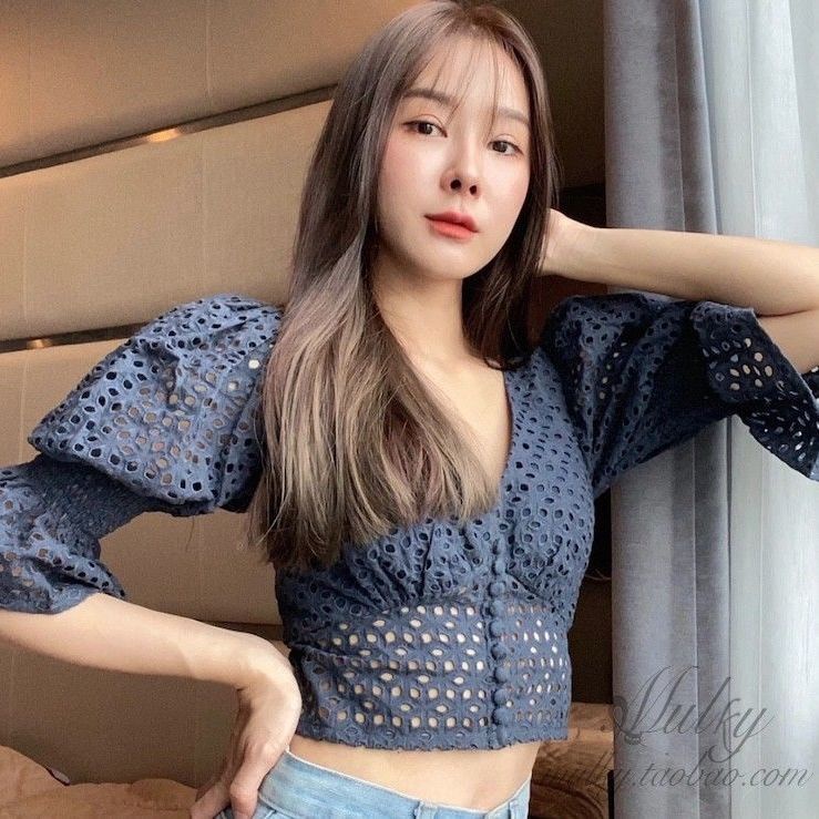 Áo Sơ Mi Ren Cổ V Lưng Cao Dáng Ngắn Thời Trang Nữ Sành Điệu  tao bao
