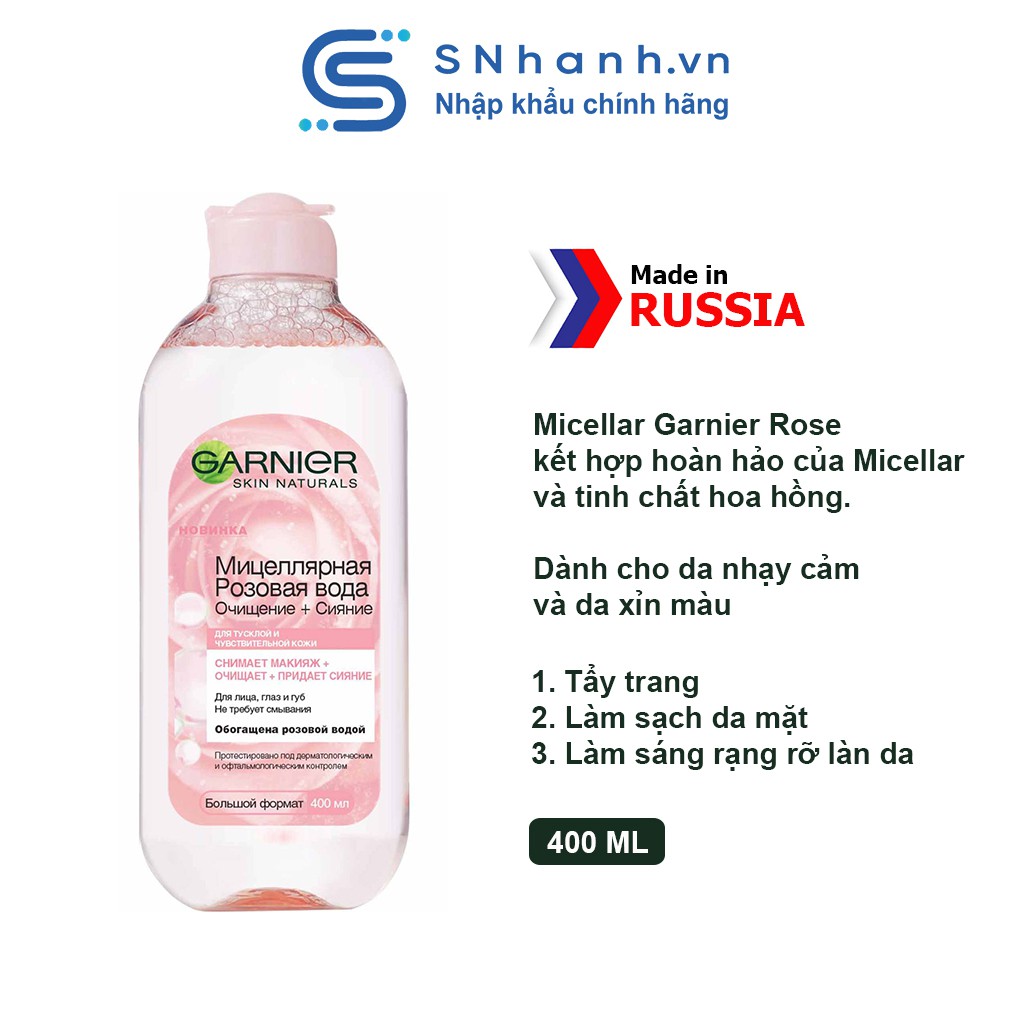 Tẩy trang hoa hồng Micellar Garnier Rose làm sạch và sáng da 400ml