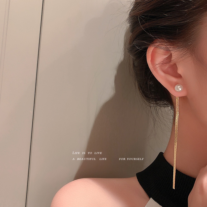 Bông Tai Mạ Bạc 925 Dáng Dài Đính Ngọc Trai Phong Cách Hàn Quốc