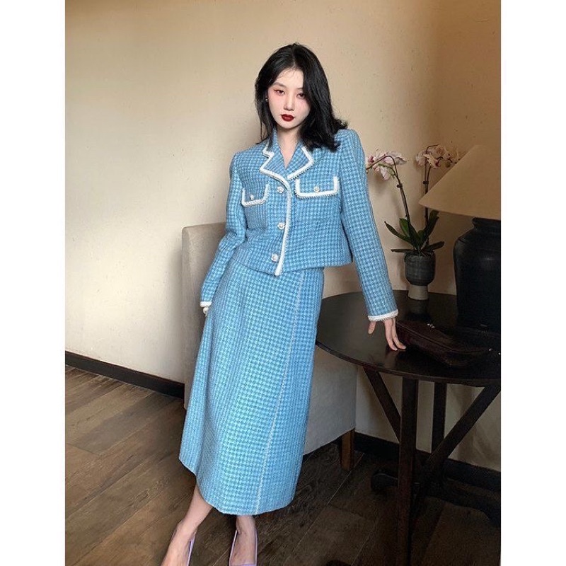 ( ORDER ) Set Dạ Áo Khoác Cổ Vest Phối Viền & Chân Váy Dài Phong Cách Cổ Điển Retro