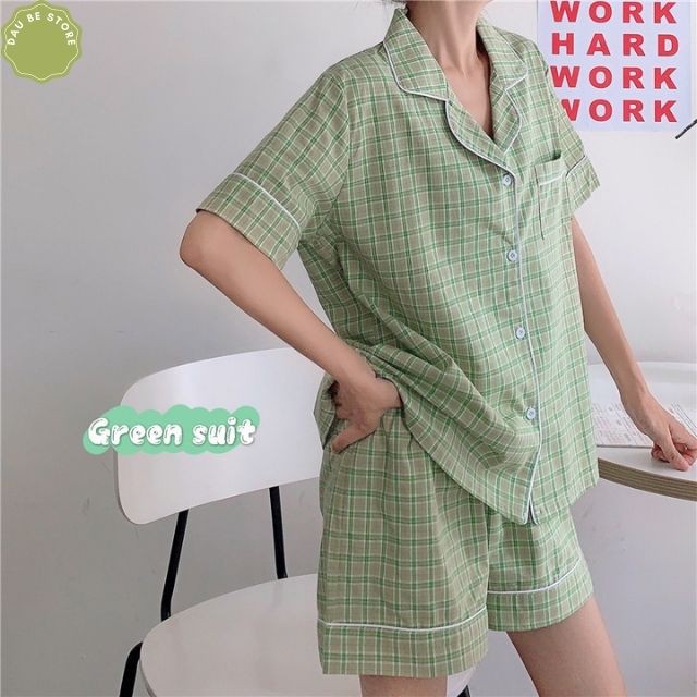 Bộ Đồ Ngủ Pyjama Kẻ Caro Xanh Lá Ulzzang Cute Form Rộng - Pijama Hè Bộ Mặc Nhà Ngắn Tay Hot Trend - Daube - S003