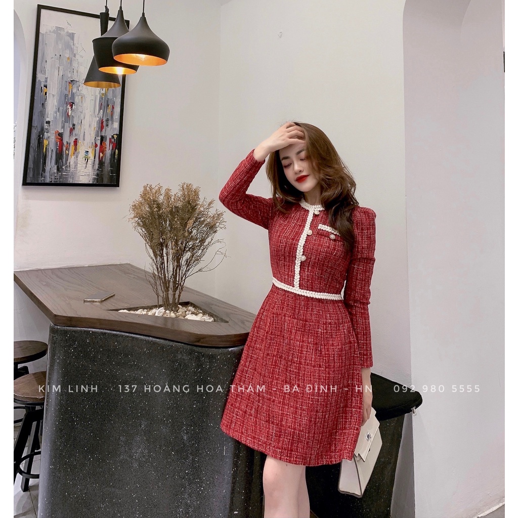 Váy Đỏ Dạ Viền Tết Khuy Ngọc - Kim Linh Shop