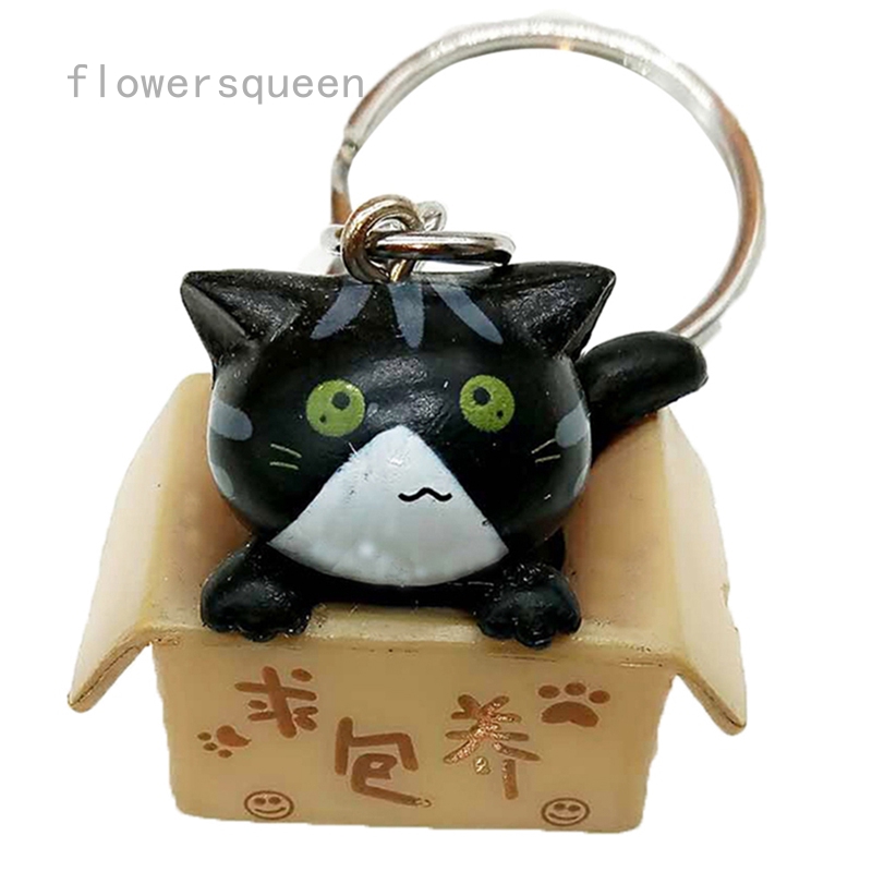flowersqueen Cartoon Box Cat Keychain cuite cats Keyring Plastic Key Ring Trend Jewelry Gift