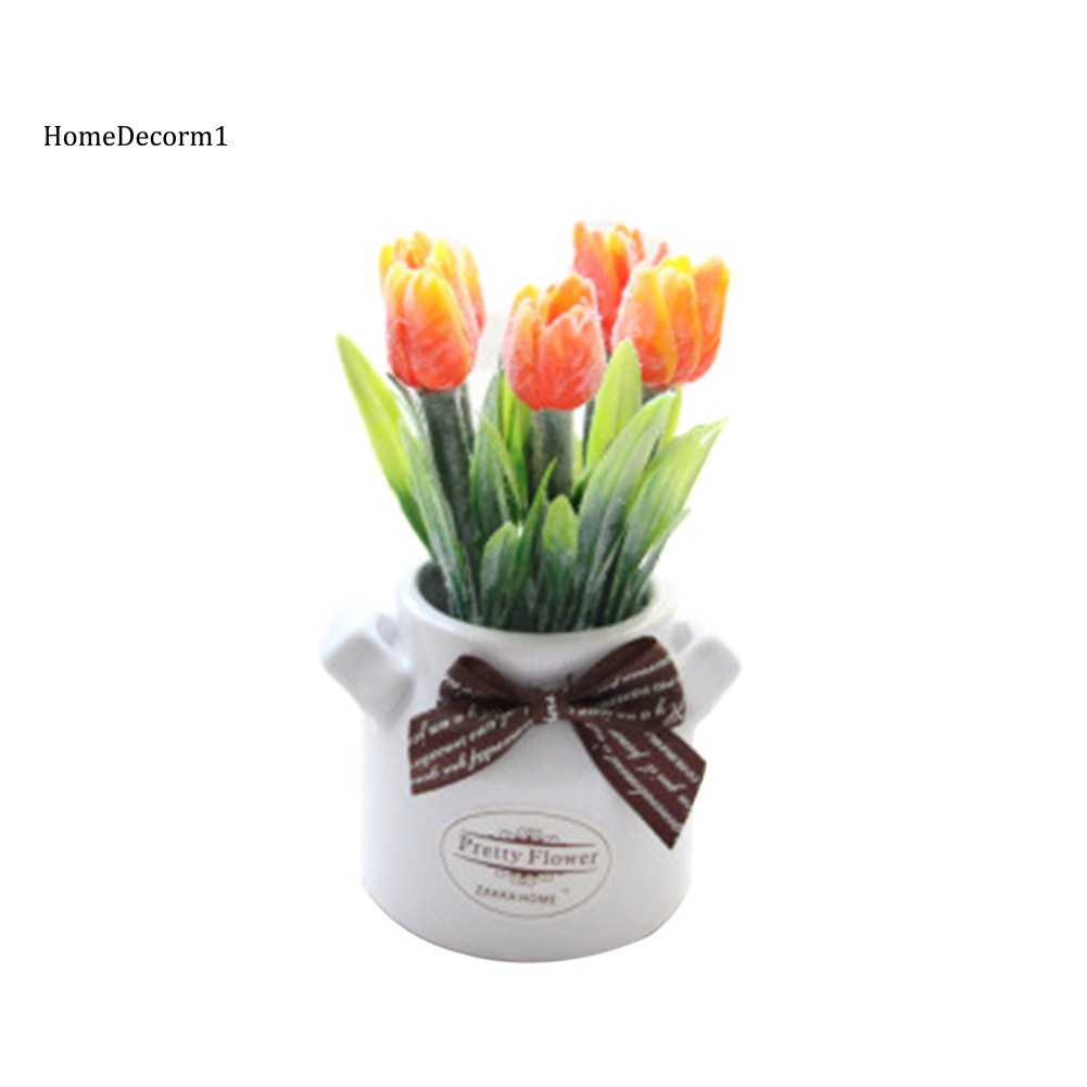 Bộ Chậu Hoa Tulip Nhân Tạo Kèm Nơ Trang Trí Độc Đáo