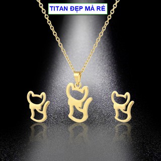 Bộ trang sức cute nữ titan mặt mèo và gấu xinh - Hàng titan vàng 18k sáng bóng đẹp - Cam kết 1 đổi 1 nếu đen và gỉ sét
