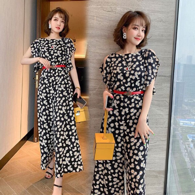 Jumpsuit hoa cao cấp vai trần khoét vai tặng dây nịt size M L XL 2Xl