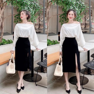 SET ÁO ĐŨI LỤA LỆCH VAI TAY PHỒNG MIX CHÂN VÁY XẺ TÀ