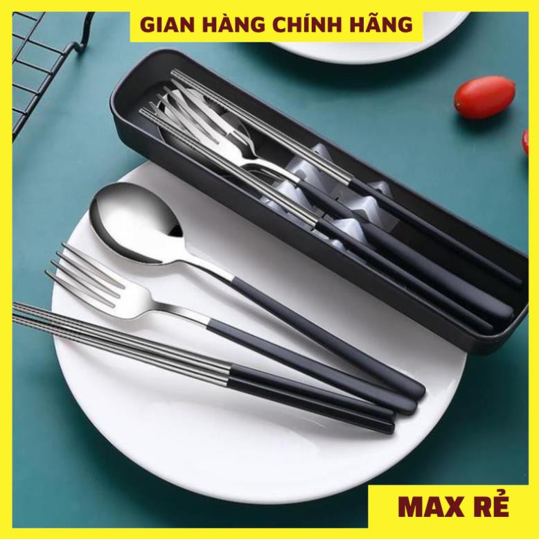 Bộ 3 MUỖNG ĐŨA NĨA INOX304 cá nhân có hộp đựng cao cấp- Hộp thìa dĩa văn phòng, du lịch tiện dụng, Màu Pastel!