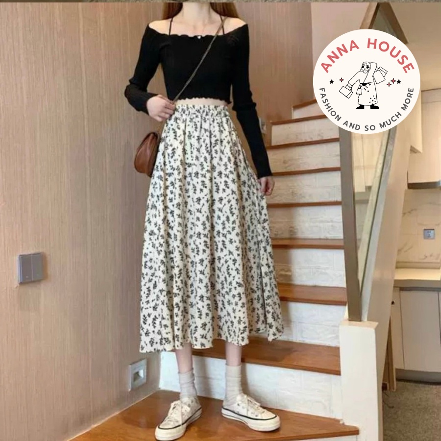 Chân váy suông dài hoa nhí dáng xòe Vintage, chân váy chữ A dài midi 2 lớp dáng suông rộng cạp chun ulzzang đen trắng