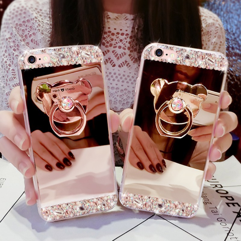 Ốp lưng tráng gương đính đá kèm nhẫn giữ cho Samsung S8 S9 Plus A5 A7 A8 Note 3 / 5 / 8