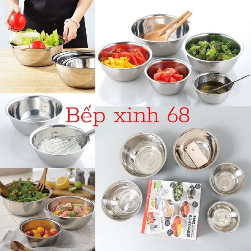 Set 5 tô inox có chia vạch đựng thức ăn đa năng - Thố trộn bột size 14cm - 16cm - 20cm -22cm - 24cm hàng loại 1