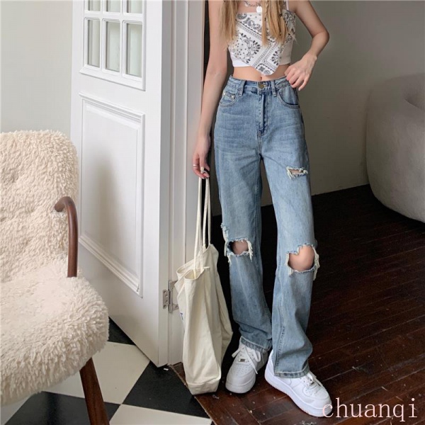 Quần Jeans Dài Lưng Cao Dáng Rộng Thiết Kế Rách Phong Cách Retro Thời Trang Mùa Hè Mới Cho Nữ