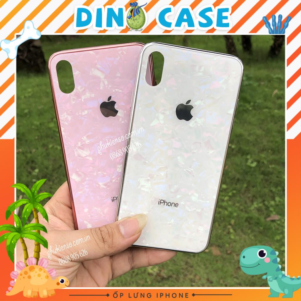 Ốp Lưng Kính Cường Lực Vân Đá Siêu Bền- Viền Silicon Đồng Màu Iphone 6 đến ProMax Dino Case