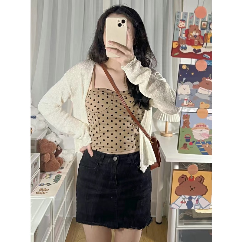 ORDER♥️Áo Nâu Tây Chấm Bi Cúp Ngực(ảnh thật)Size S,M