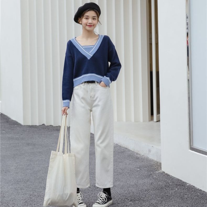 Áo Len Cổ Chữ V Dáng Rộng Màu Sắc Tương Phản Thời Trang