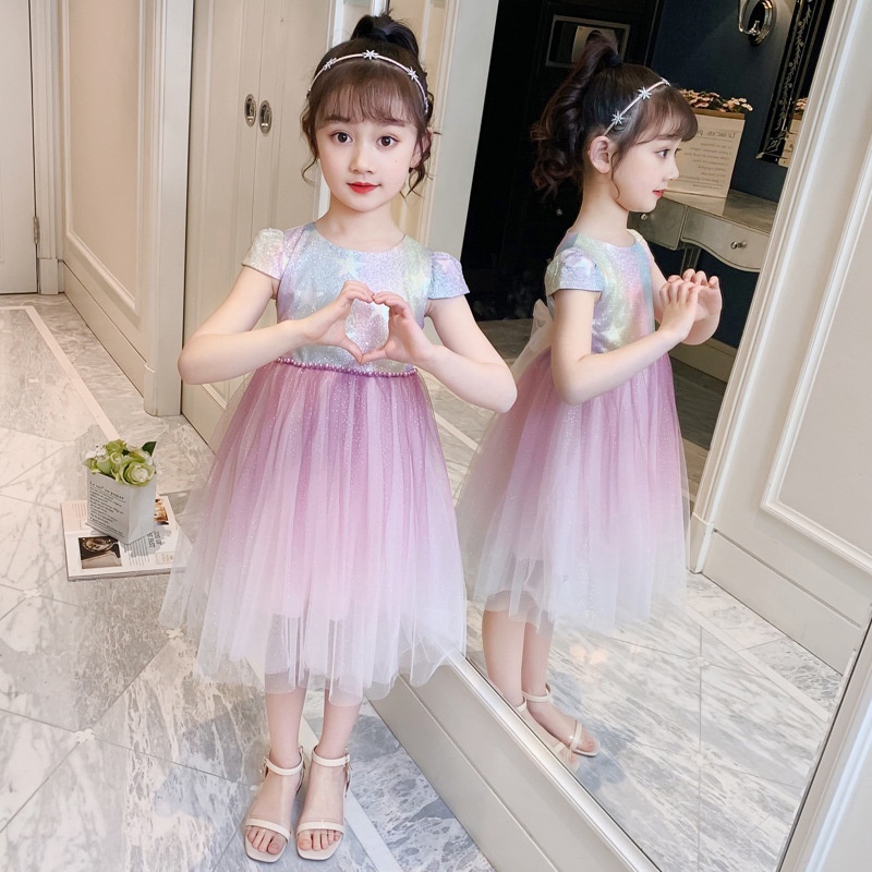Đầm Công Chúa Tay Phồng Đính Kim Sa Màu Gradient Lấp Lánh 2022 Thời Trang Cho Bé Gái