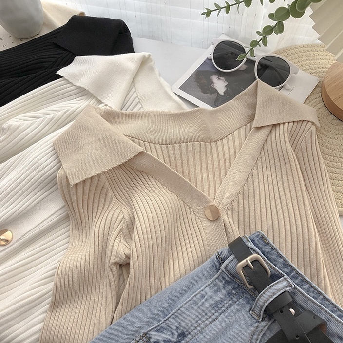 NUZIRO  Áo cardigan  dệt kim tay dài cổ chữ v màu sắc đơn giản phong cách Hàn Quốc cho nữ