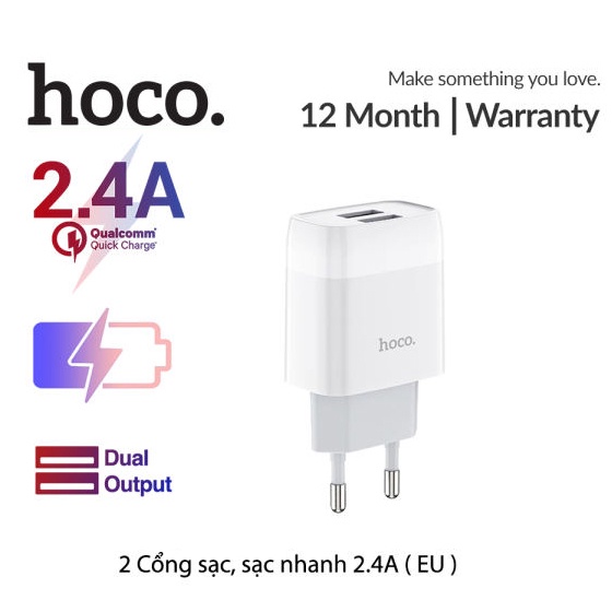 Củ Sạc Nhanh Siêu Bền Chính Hãng Hoco C73 / C73A 2.4A Công Suất 12W , Cốc 2 Cổng USB Cho điện thoại và máy tính bảng ...