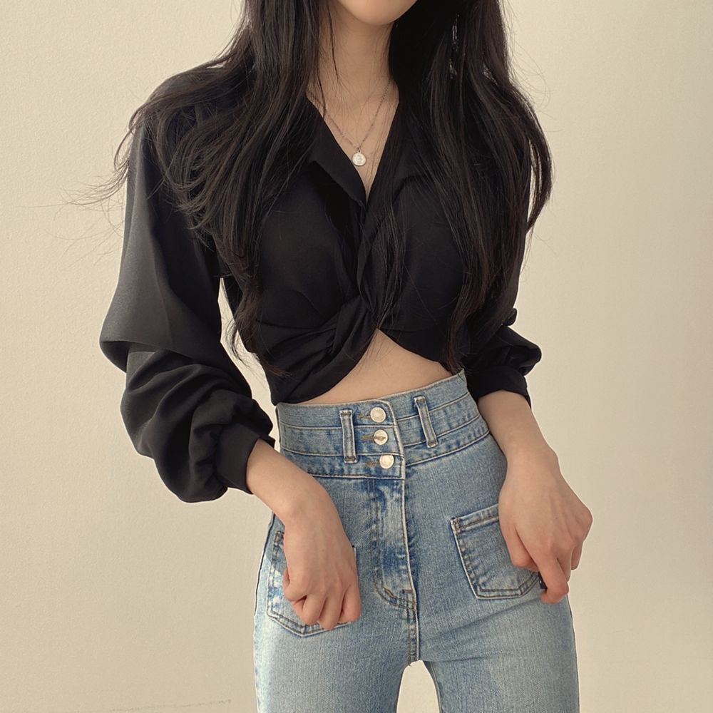 Áo Thun Trơn Tay Dài Thời Trang Trẻ Trung 175282 Áo Croptop Ngắn Đính Nơ Phong Cách Phương Tây Dễ Phối Đồ