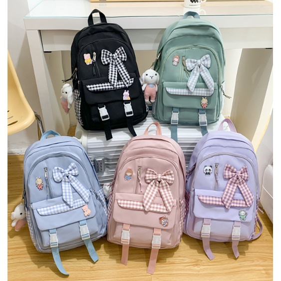 Balo đi học sinh viên, học sinh nam nữ chống nước phong cách Hàn Quốc màu pastel gắn nơ xinh xắn