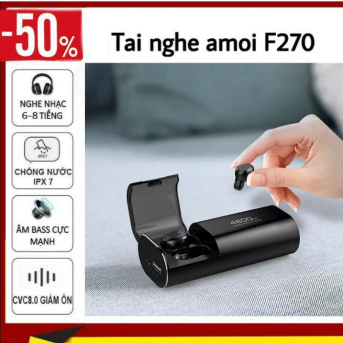 Tai Nghe Bluetooth 5.0 Amoi F270 PRO TWS NÚT BẤM - Cốc Sạc Kiêm Sạc Dự Phòng Cho Điện Thoại Chống Nước IPX5