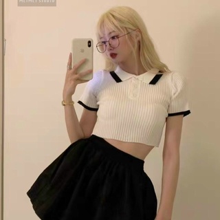 Áo croptop len gân tay ngắn dáng ôm Cun Fashion, Áo thun ôm viền màu xinh xắn cho nữ dưới 50kg dễ phối đồ