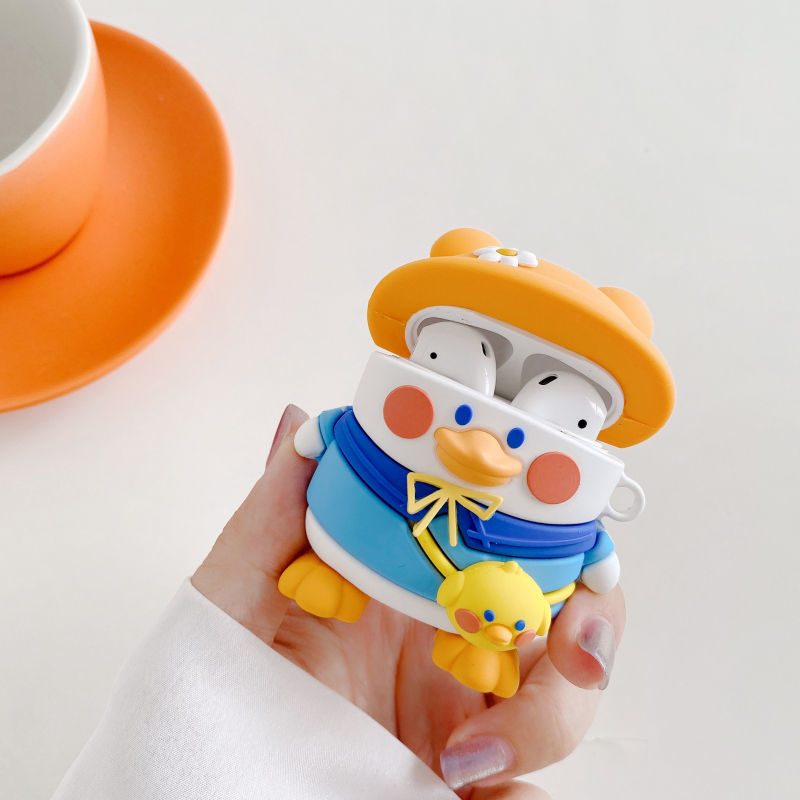 Vỏ Bảo Vệ Hộp Sạc Tai Nghe Airpods 1/2/Pro Bằng Silicon Hình Chú Vịt Đội Nón Dễ Thương